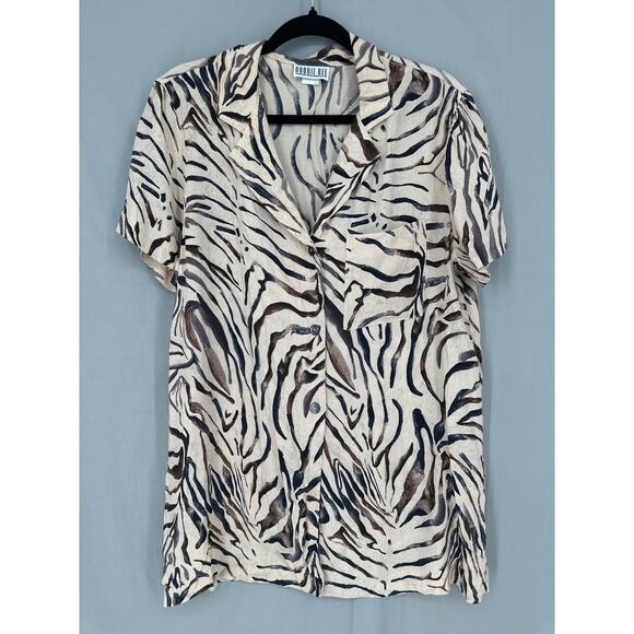 90s Vintage Top Womens Medium Beige Animal Print Zebra Button Tunic Brown - Picture 6 of 8